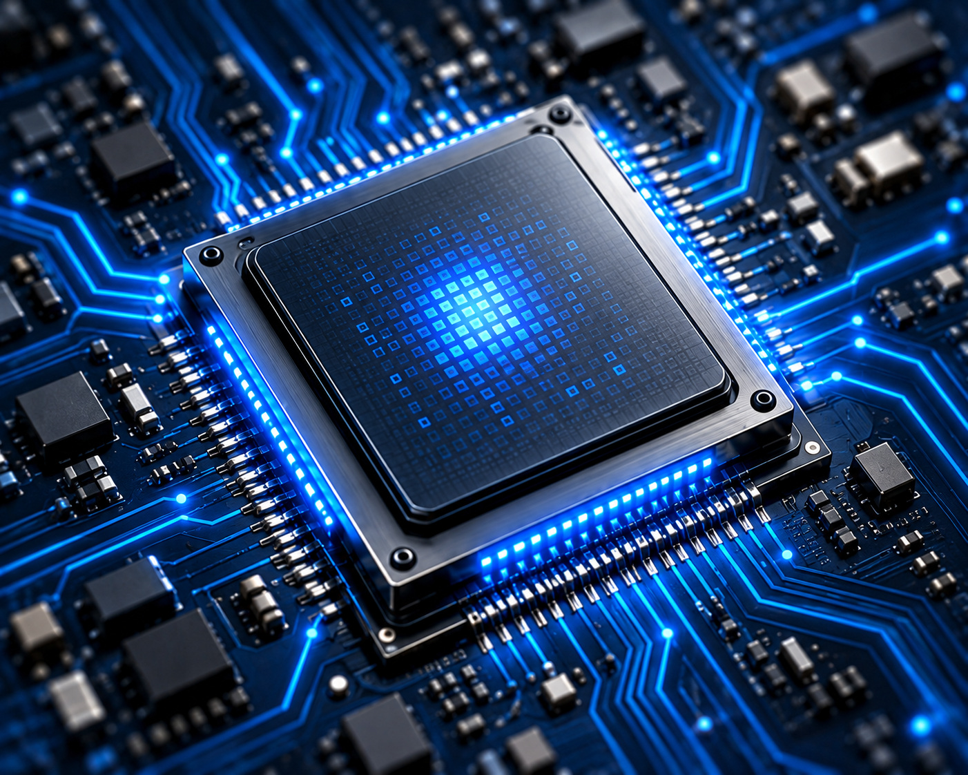 Conceptual close-up of a processor on a blue-lit circuit board, representing computational precision.