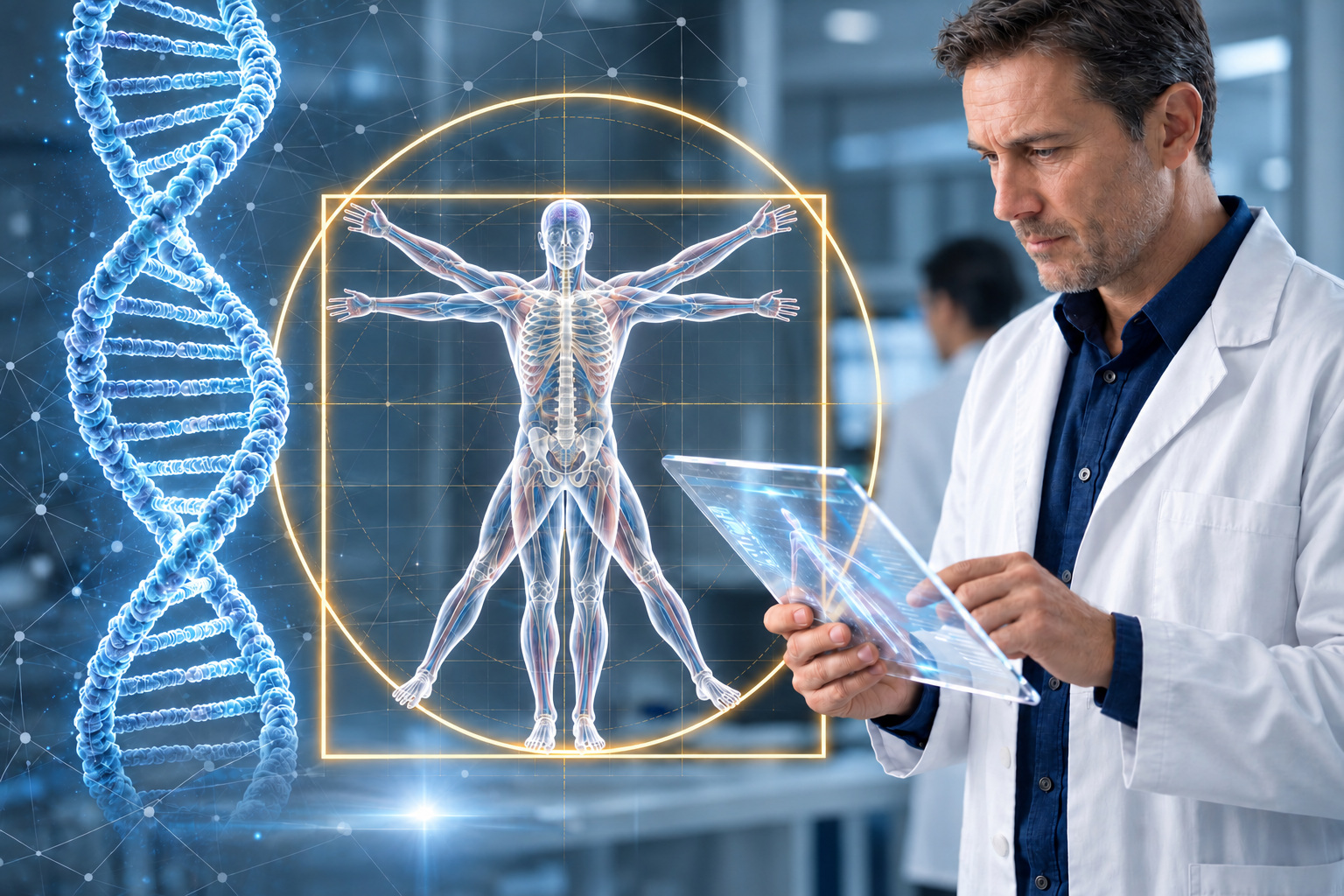 Male doctor using a futuristic touchpad beside a glowing anatomical Vitruvian figure and blue DNA helix.
