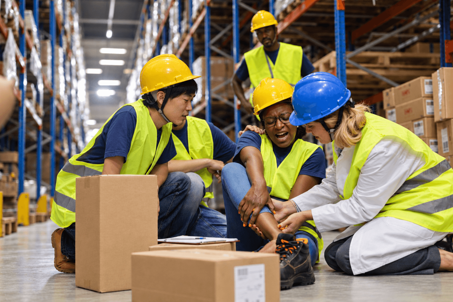 Three warehouse coworkers in hard hats and reflective vests assist an injured woman seated on the floor among boxes and storage racks.