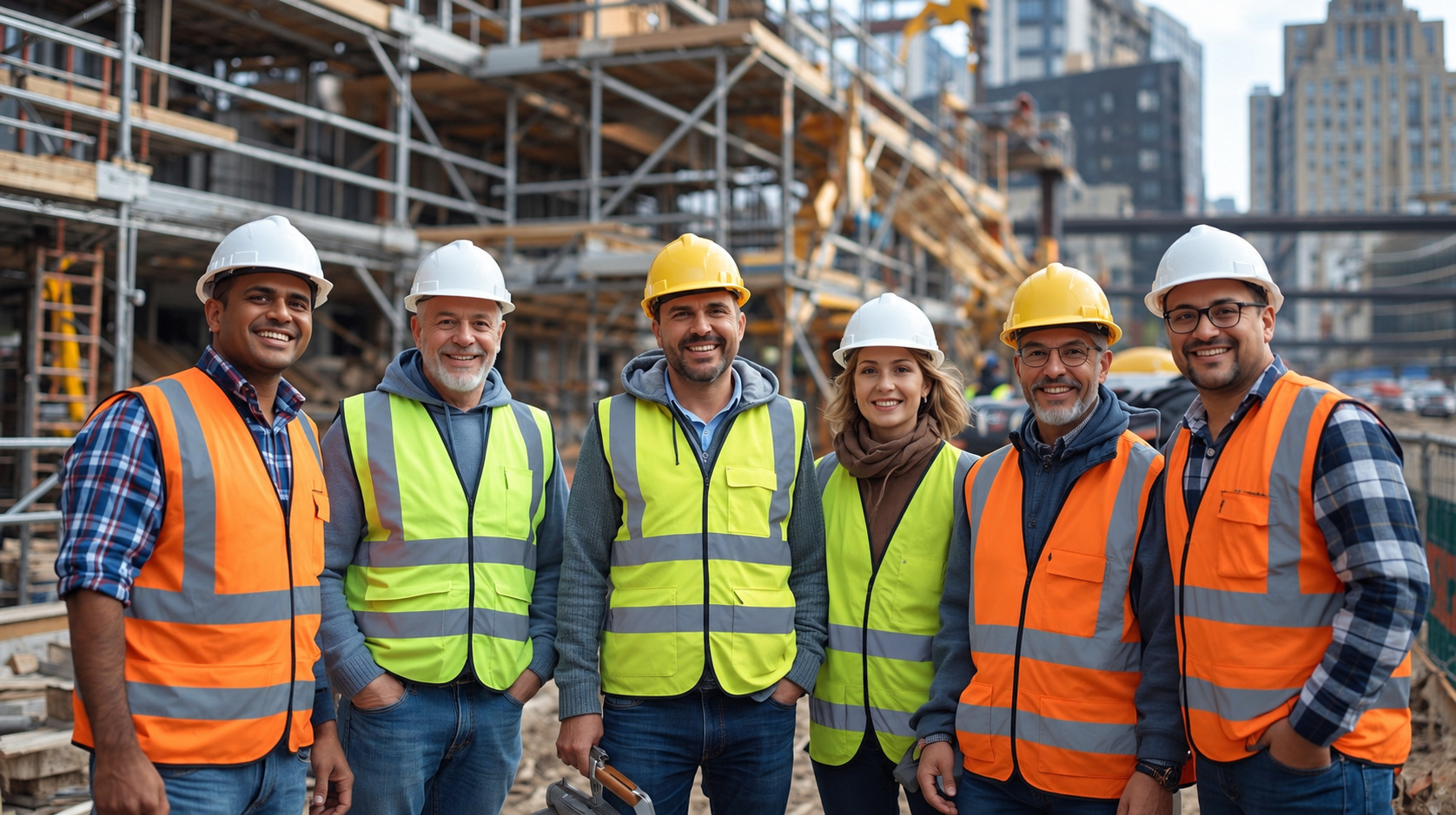 Diverse group of smiling construction workers posing together.