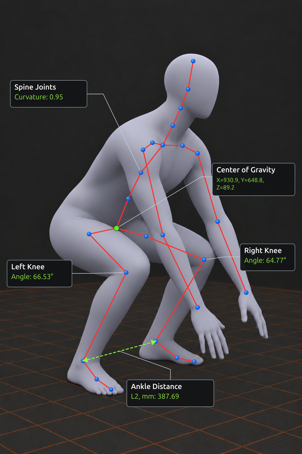 Plain gray digital mannequin matching the squat photograph, with major-joint connections from HML’s live SOMA parent map and illustrative measurement callouts.