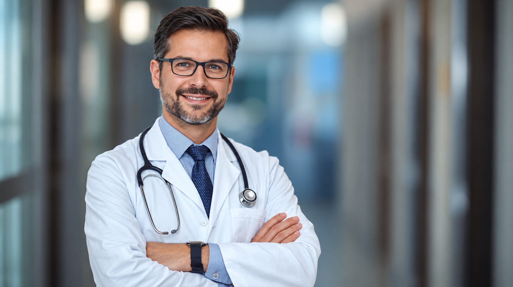 Smiling male doctor with dark hair, a short beard and glasses, wearing a white coat with his arms folded.