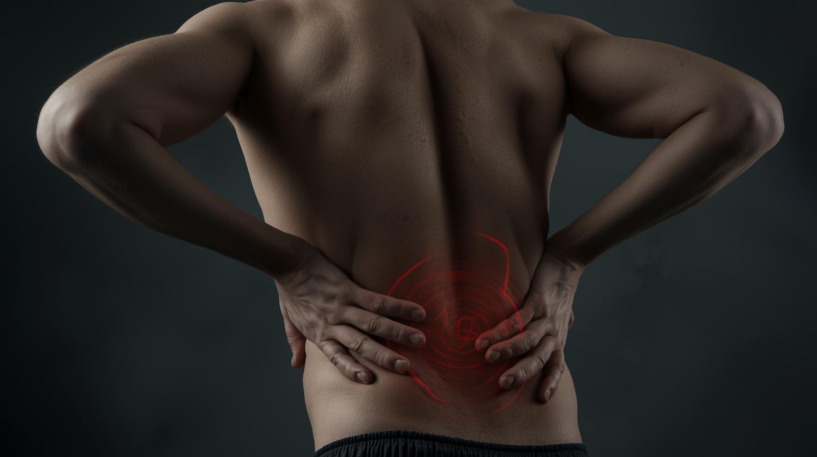 Back view of a dark-skinned man grabbing his lower back, with red lines conveying pain.